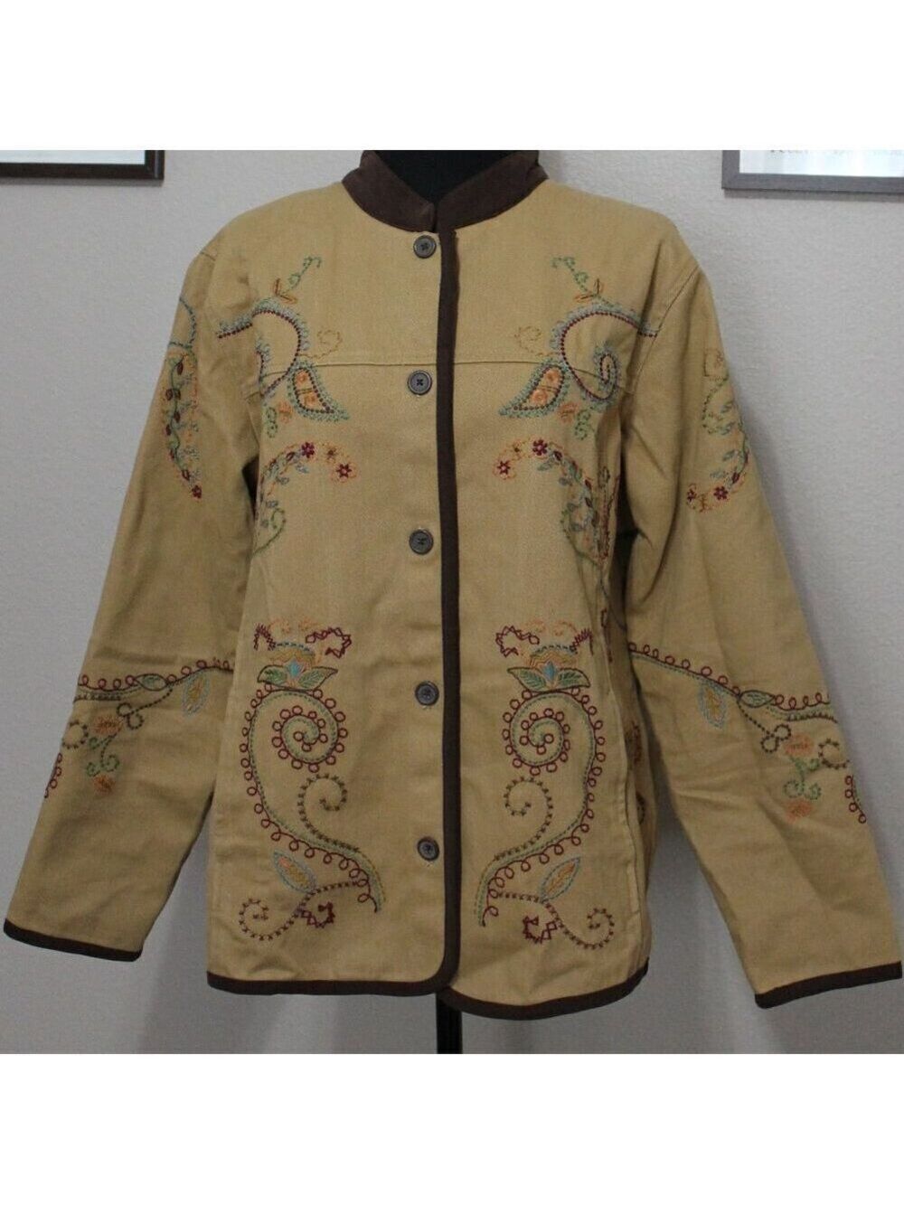 Denim & Co Womens Cotton Embroidered Canvas Feel Boho Jacket Size Large